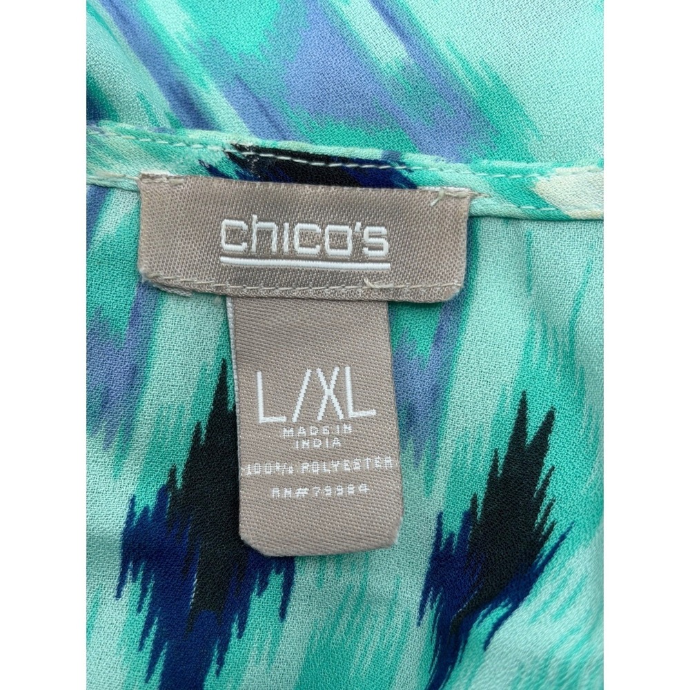 Chico's Womens Teal Blue Ikat Print Beaded V-Neck Kaftan Kimono Top L/XL - Picture 7 of 8